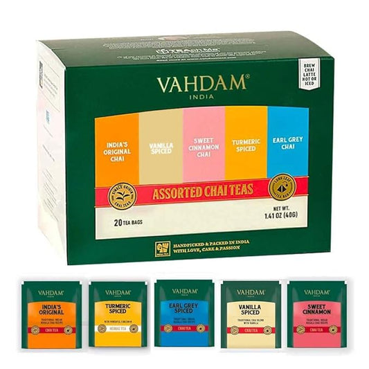 VAHDAM, Assorted Chai Tea Bags Sampler (5 Flavors, 20 Ecofriendly Pyramid Tea bags) I Gift Ideas for Women & Men | Masala Chai Tea Varieties from India | Gluten Free & Non GMO | Gifts for Him/Her