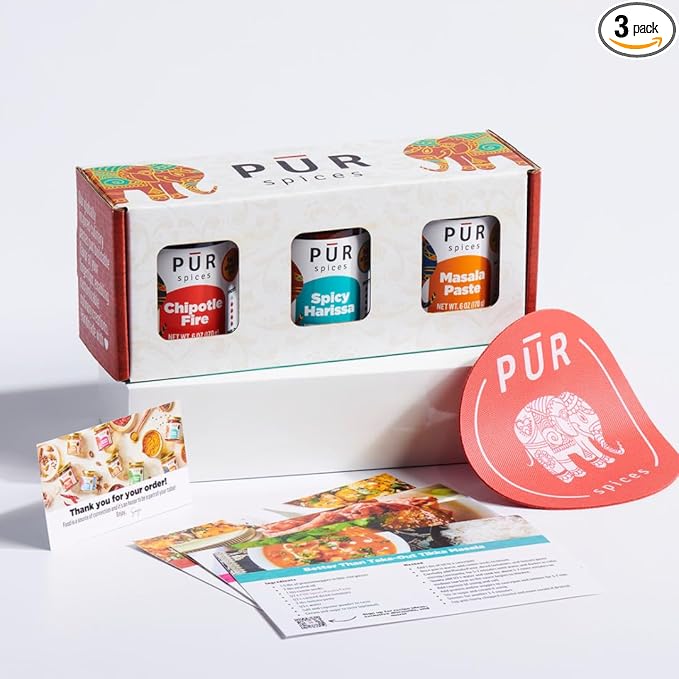 PUR Spices Tasty Gift Box I Set of Three Hot Sauces and Cooking Pastes I Recipe Card and Jar Opener Included I Plant Based, Gluten Free, No sugar added, Preservative and Additive Free | 6oz Each (Pack of 3)