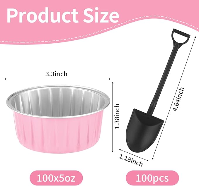 100Pack Alluminum Cupcake Containers, 5oz Dessert Cups with Lids, Mini Cake Pans With Lids&Spoons for Gift Holiday Birthday Party Cake Baking Sales Mini Storage Box Stackable Portable (pink)