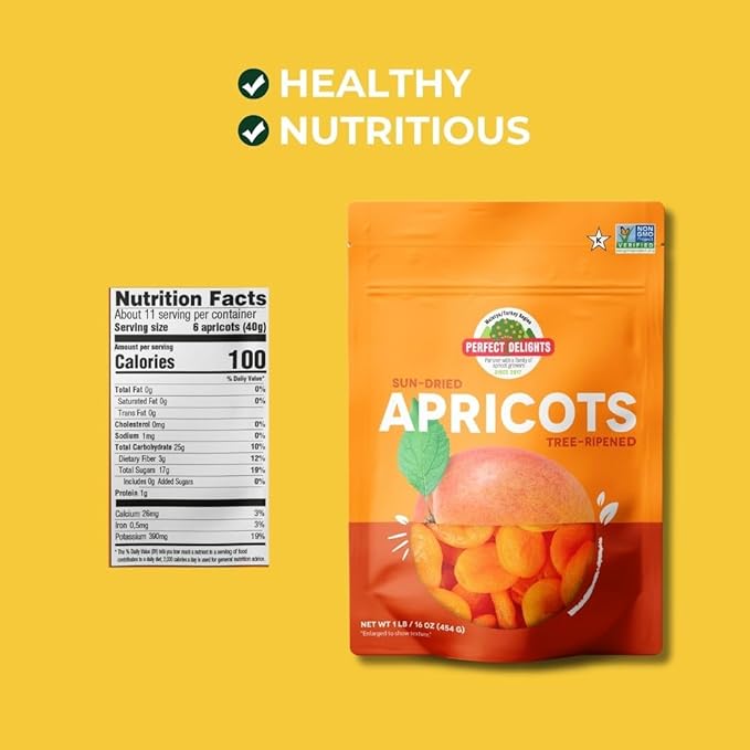Perfect Delights Sun-Dried Turkish Apricots, Vegan & Healthy Fruit Snack for Kids and Adults - Single Pack (16 oz)