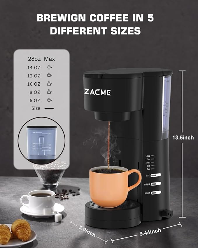ZACME 4IN1 Single Serve Coffee Maker for K Cup &Ground, Small Coffee Machine with Milk Frother & Grinder, 5 Brew Size, 28oz Water Tank, Adjustable Drip Tray