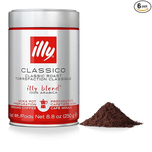 Illy Ground Moka Coffee - Classico Medium Roast - Mild & Balanced - 100% Arabica - Pre-Ground for Moka Pot - Pressurized Packaging Sealed for Freshness - 8.8oz (Pack of 6)