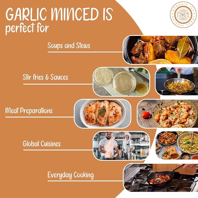 Pride of India ??Garlic Minced ??Gourmet Seasoning ??Ideal for Dips/Sauces/Bread/Salad/Stir-Fries ??Ideal Pantry Condiments ??Easy to Use ??1.9 oz. Small Dual Sifter Bottle