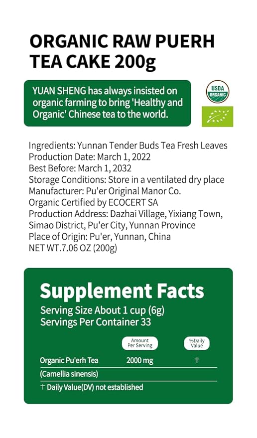 YUANSHENG Organic Raw Pu erh Tea Cake, 7.06 Oz USDA Certified Aged Fermented Pu-Erh Tea Cake, Chinese Yunnan Ancient Tree Puerh Black Tea for Daily Drink and Gift, Mellow & Smooth