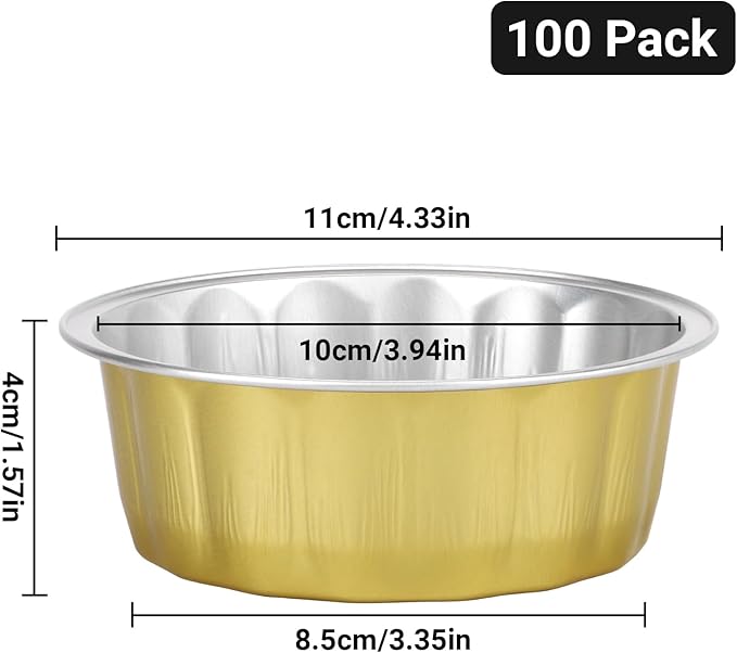 Beasea 8 oz 100 Pack Aluminum Ramekins, Disposable Ramekins Foil Cups Baking 3.9" Ramekin Cup Muffin Cupcake Aluminum Baking Cup Mini Pudding Souffle Cups for Party Wedding Birthday - Gold