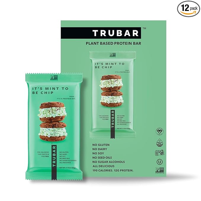 TRUBAR Vegan Protein Bar, It???Mint to Be Chip, Gluten Free, Plant Based High Fiber, Dairy Free, Non GMO, Low Fat, No Sugar Alcohols, 12G Lean Protein, 13G Fiber, Healthy Snack Bars, 12 CT