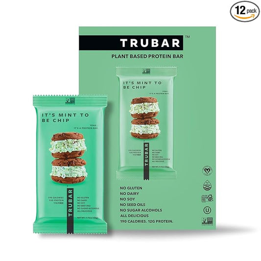 TRUBAR Vegan Protein Bar, It???Mint to Be Chip, Gluten Free, Plant Based High Fiber, Dairy Free, Non GMO, Low Fat, No Sugar Alcohols, 12G Lean Protein, 13G Fiber, Healthy Snack Bars, 12 CT