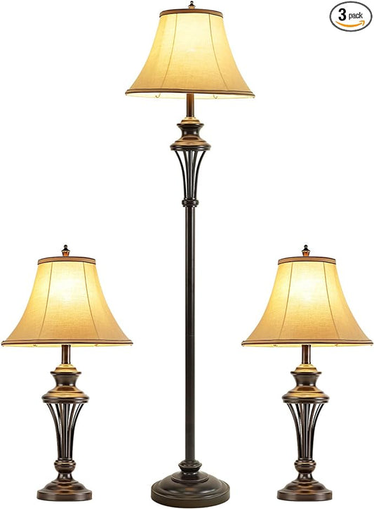 3 Pack Lamp Set (2 Table Lamps, 1 Floor Lamp), 3-Piece Vintage Style Table and Floor Lamp Set in Bronze Finish with Brown Fabric Lamp Shades, 26" and 61"(H), Solid Iron