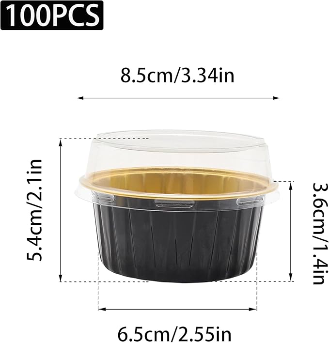 100 Pack 4.2oz Aluminum Cups with Lids Mini Flan Containers with Lids Cupcake Baking Cups, Black Gold