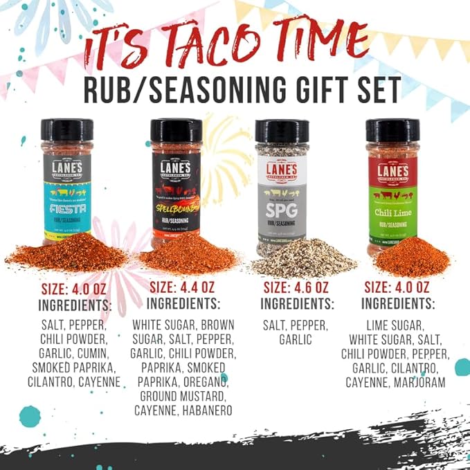 Lane's It's Taco Time Mexican Seasoning, All-Natural 4 Rubs Gift Set of Fiesta Taco Seasoning Mix, Chili Lime Seasoning, Spellbound Hot Rub & SPG Rub