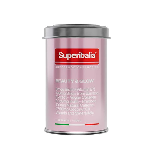 Beauty & Glow (11 servings) - Instant Coffee - Prebiotic Coffee with Biotin, vegan Collagen & Coconut Oil - Superfood Cappuccino by Superitalia - official partner of Hyrox - Made in Italy