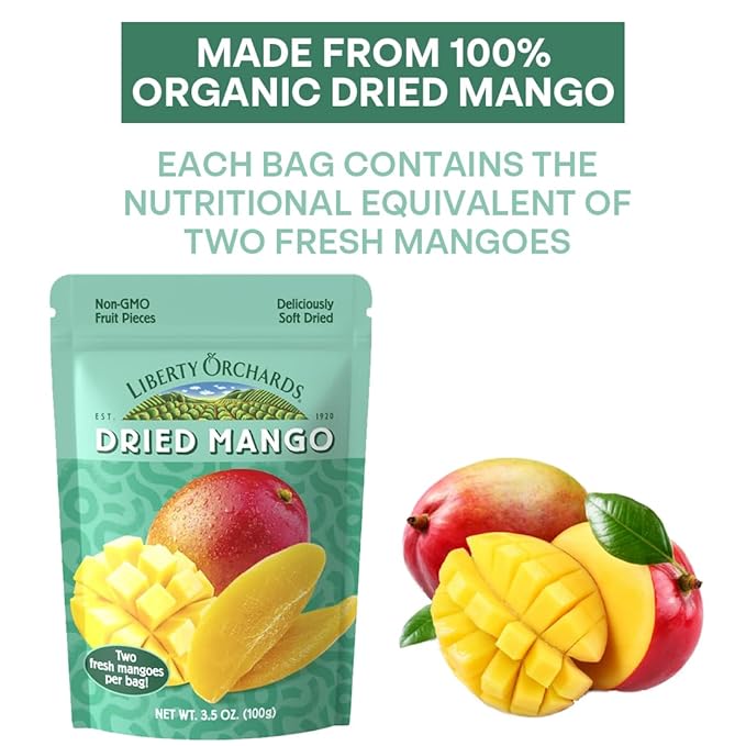 Liberty Orchard Organic Dried Mango - Naturally Sweet Fruit Snacks for Healthy Digestion & Busy Lifestyles - Sof Dried Two Fresh Mangos - Healthy Snack Ideal for Recipes & On-the-Go Energy - 5 Pack