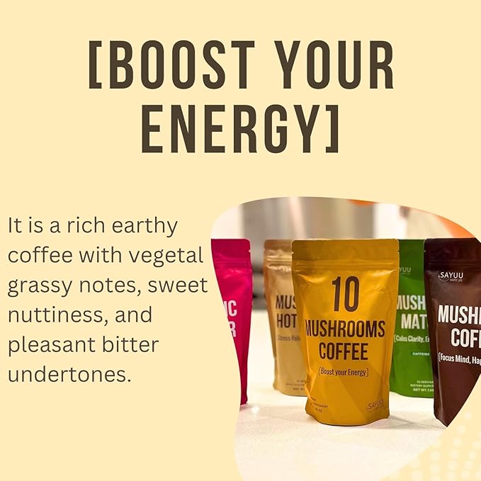 SAYUU 10 Mushroom Coffee Blend - Premium Colombian Coffee with Lion's Mane, Reishi, Cordyceps, Chaga, Maitake, Shiitake & Turkey Tail - Energy, Focus & Immune Support - Organic 40 Servings