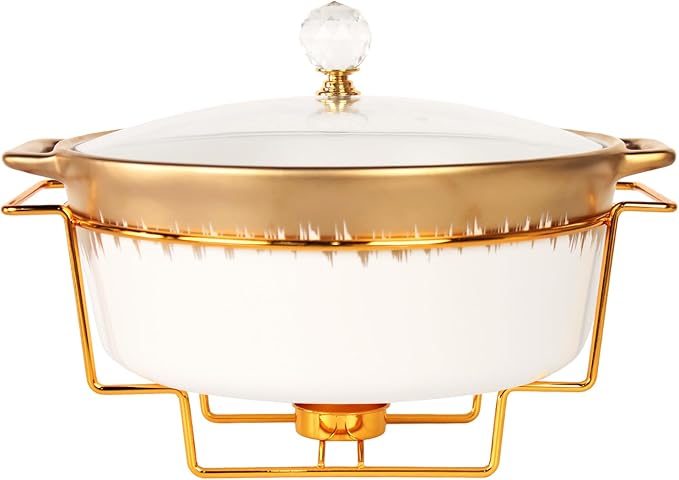 Ceramic Casserole Dish with rack and Glass Lid, 2.2 Qt Round Serving Soup Tureen with Handle, Serving Tureen for Restaurant Home Kitchen Decoration, Perfect for Entertainment, Party, gift