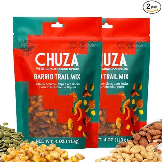 CHUZA Barrio Trail Mix ??Spicy Crunchy Snack with 100% Mexican Spices ??Peanuts, Corn Nuts, Almonds, Pepitas, Corn Sticks & Sesame Chips ??High Protein, Gluten-Free ??4 oz (Pack of 2)