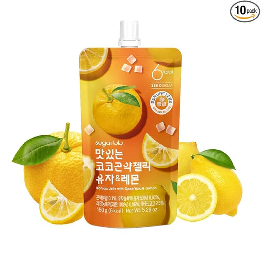 Sugarlolo Konjac Sweet Coco Yuzu & Lemon Jelly Snack - Vegan Jello with Zero Sugar | Only 6 Calories per Pouch | Low Calorie Korean Snacks | 5.29 Oz (150g) | 10 Pack