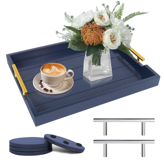 SXNOWS Wooden Serving Tray with 2 Sets of Handles,Navy Blue