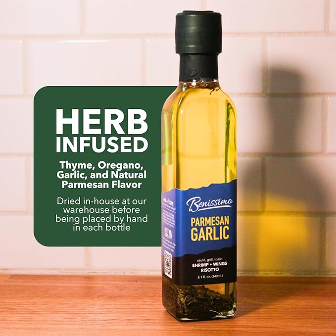 Benissimo Parmesan Garlic Herb Infused Oil, All Natural Gourmet Cooking Oil with Chef-Inspired Herbs, Ideal for Dipping, Marinades, Sautéing, Drizzling, 8.1 fl oz