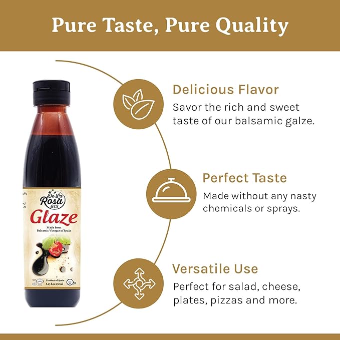 De La Rosa Balsamic Glaze, Vegan, KOSHER FOR PASSOVER, Non-GMO & Gluten Free, Great for Salad Dressing, Marinades, Toppings & More, Made from Balsamic Vinegar of Spain, 8.45 Oz (Pack of 1)