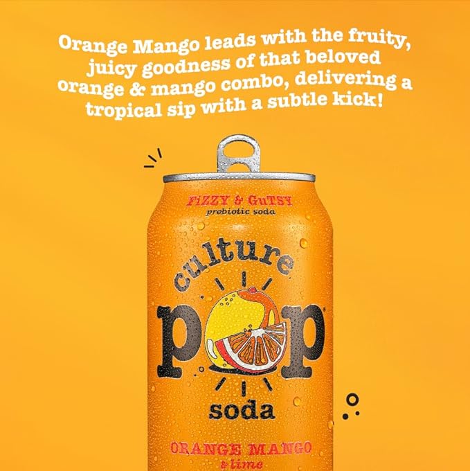 Culture Pop Soda, Orange Mango & Lime, Probiotic Low Sugar Soda, Sparkling Juice Alternative, Non-GMO, Kosher, Gluten-Free, No Stevia (12pk)