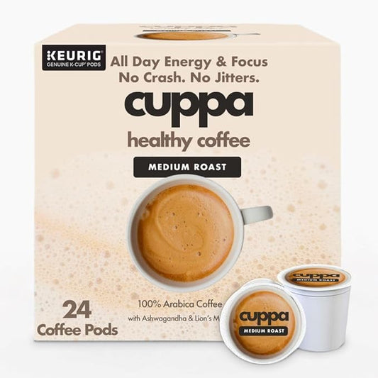 Cuppa Healthy Mushroom Coffee Single Serve Pods (K-Cups) with Lion's Mane & Ashwagandha for All Day Energy & Focus - No Crash or Jitters - Nootropics for Brain Health, Gut Health, Immunity, Stress, Memory + Mood - 24 Servings