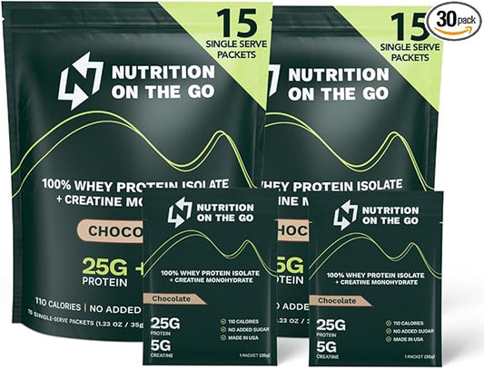 Travel Whey Protein Isolate Packets ??Single-Serve Protein Powder ??25g Protein + 5g Creatine ??Chocolate (30-Pack)