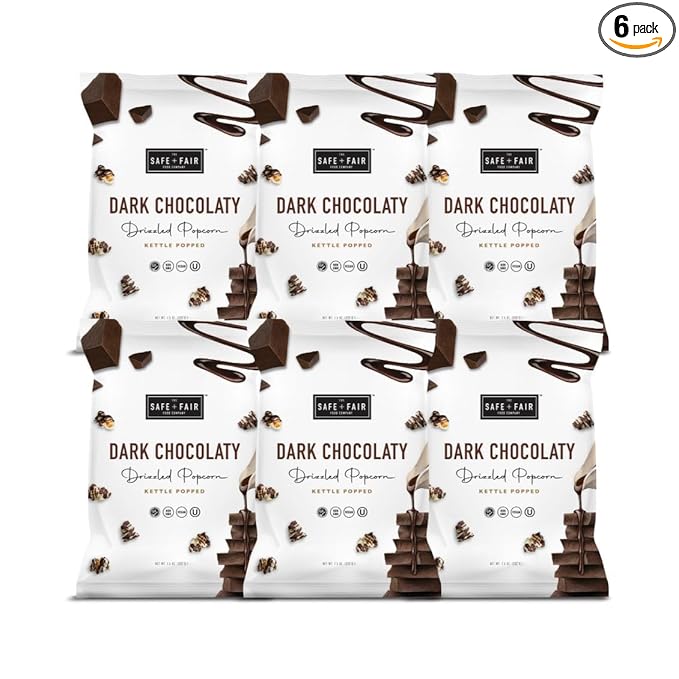 Safe + Fair Food Company Plant-Based Gourmet Chocolate Flavored Popcorn - Dark Chocolaty Drizzled Kettle Corn popcorn - Non-GMO + Gluten-Free Snacks,5.5oz,6 Pack