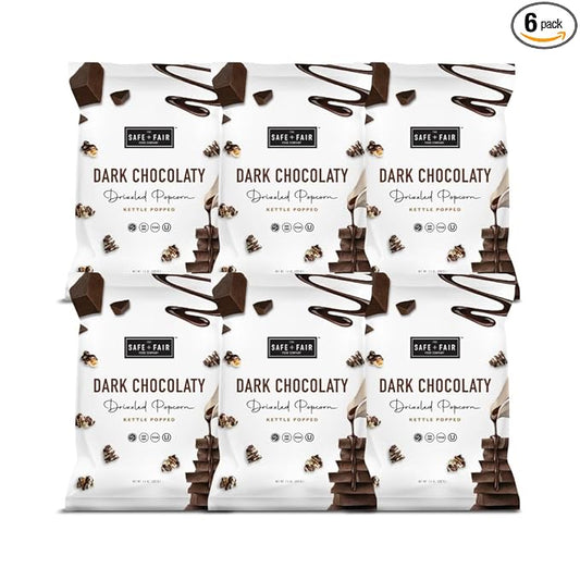 Safe + Fair Food Company Plant-Based Gourmet Chocolate Flavored Popcorn - Dark Chocolaty Drizzled Kettle Corn popcorn - Non-GMO + Gluten-Free Snacks,5.5oz,6 Pack