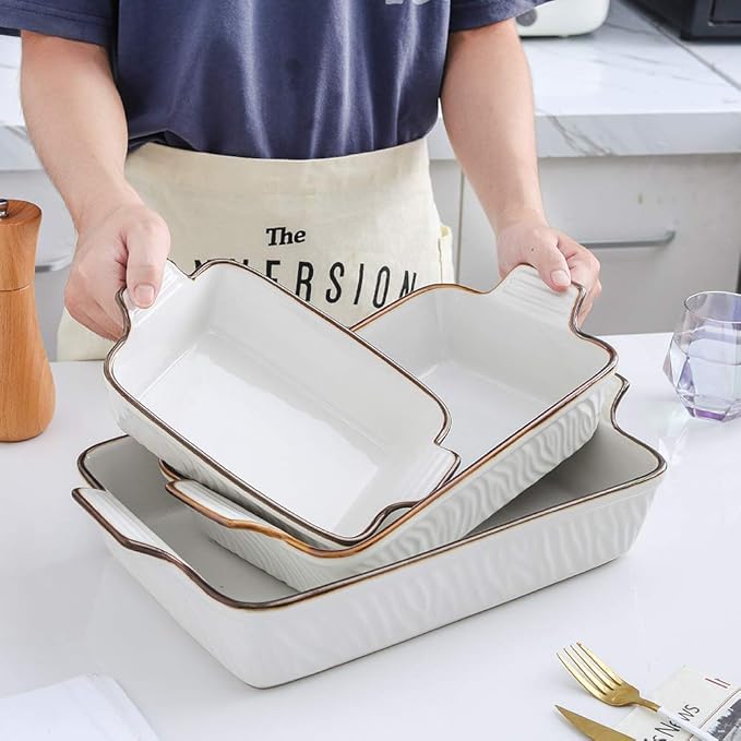 KOOV Bakeware Set, Ceramic Baking Dish Set, Rectangular Casserole Dish Set, Lasagna Pans for Cooking, Cake Dinner, Kitchen, 9 x 13 Inches, Texture Series 3-Piece (White)