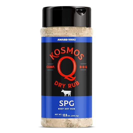 Kosmos Q SPG BBQ Dry Rub, Bold Salt Pepper Garlic Blend with Organic Cane Sugar, BBQ Seasoning for Brisket, Chicken, Steak, Ribs, Pork, Seafood & Veggies, Meat Rub for Smoking & Grilling, 12 Oz Shaker