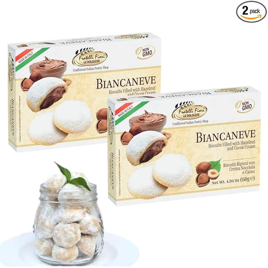 Fratelli Fiori Biancaneve Snow White Soft Cookies - Luxurious Italian Dessert with Rich Hazelnut Filling - Buttery Shortcrust Pastry Ideal for Festive Occasions & Gifts - 2-Pack