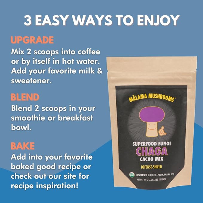 Malama Organic Mushroom Hot Cacao Mix, Chaga Mushroom Powder with Fair Trade Cacao for Immune & Antioxidant Support ??Vegan Supplement & Superfood, Non GMO, 3.5 oz (50 Servings)