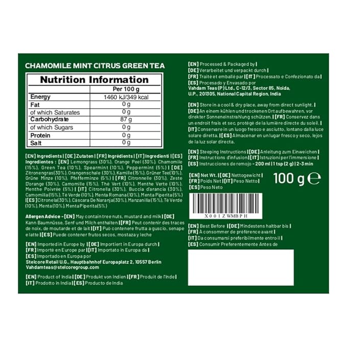 VAHDAM, Chamomile Mint Citrus Green Tea Leaves (50+ Cups, 3.5 oz) Essential Herbs | Green Tea Leaves, Chamomile, Peppermint, Spearmint, Orange Peels, Lemongrass | High Elevation Grown | Vacuum Sealed