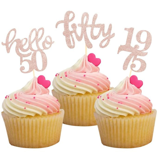 24 Pcs Rose Gold Glitter 50th Birthday Cupcake Toppers for 50th Birthday Celebrating Party Decorations