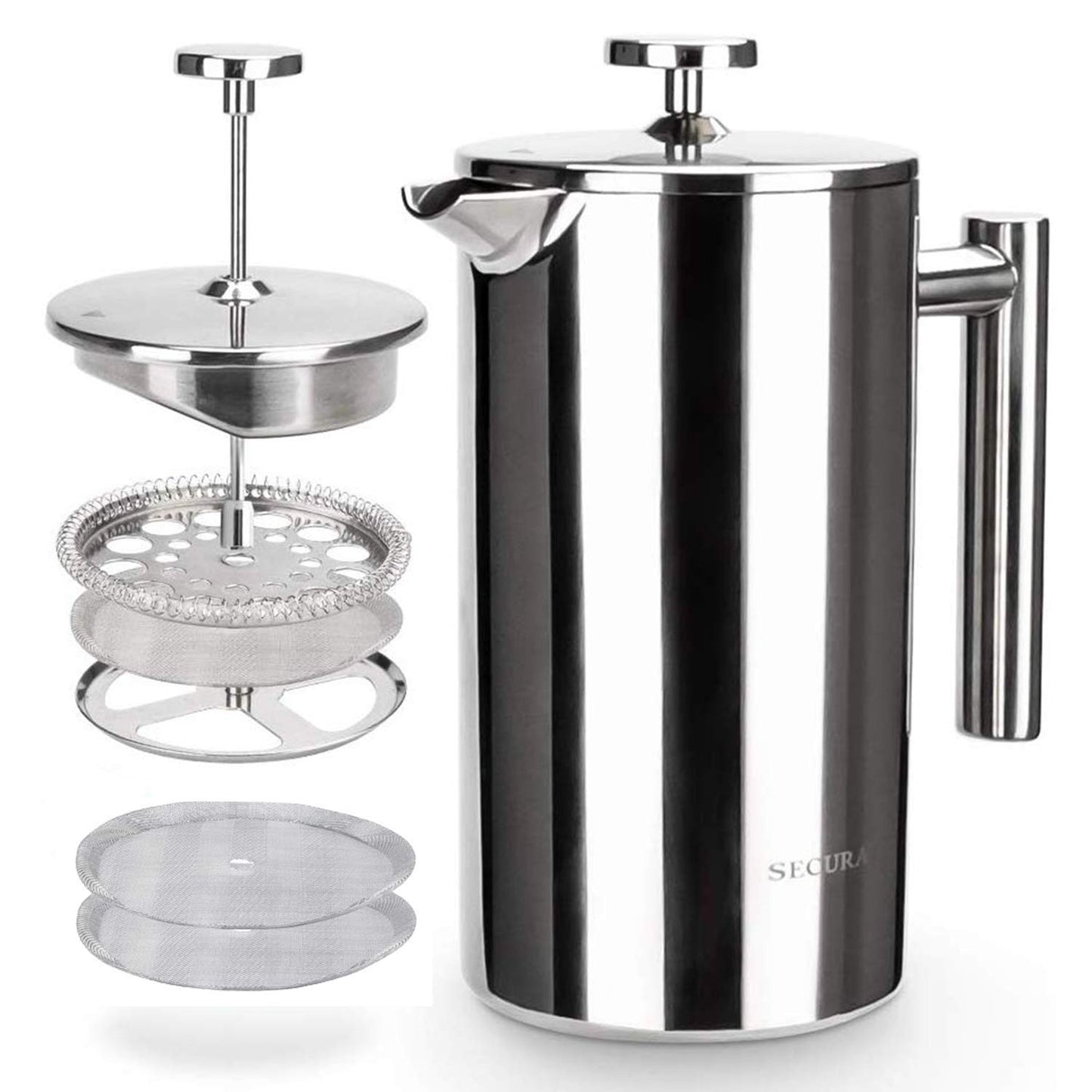 Secura French Press Coffee Maker, 304 Grade Stainless Steel Insulated Coffee Press with 2 Extra