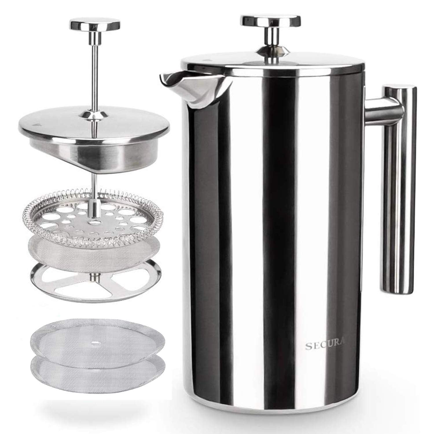 Secura French Press Coffee Maker, 304 Grade Stainless Steel Insulated Coffee Press with 2 Extra