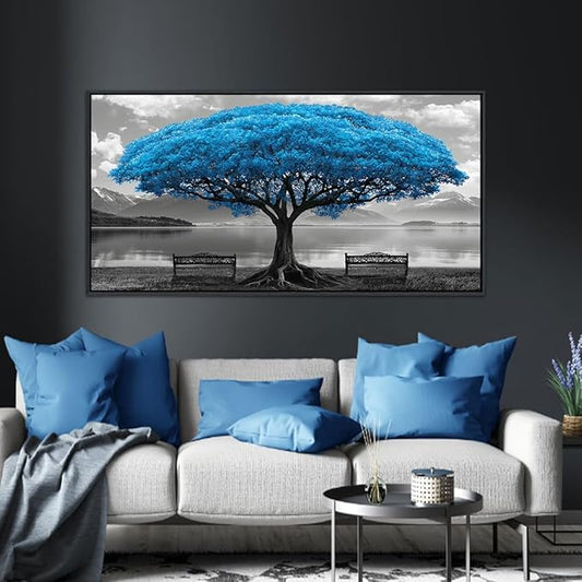 Blue Tree Framed Canvas Wall Art for Living Room Large Size Wall Decor For Bedroom Black And White Wall Pictures Lake Scenery Wall Painting Office Decor Room Home Decoration Black Framed 20X40IN