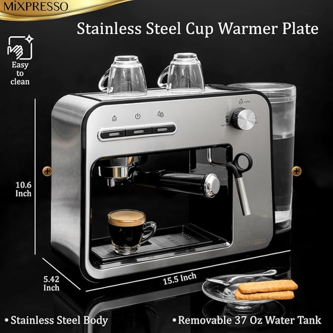 Mixpresso Professional Espresso Machine for Home 15 Bar with Milk Frother Steam Wand, Espresso Maker with Double-Cup Splitter, 1450w Fast Heating Cappuccino & Latte machine 37Oz Water Tank