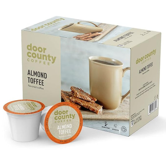 Door County Coffee Almond Toffee Flavored Ground | 10 Count Single Serve Cups | Medium Roast | 100% Specialty Arabica | Gourmet | Roasted Almonds & Toffee