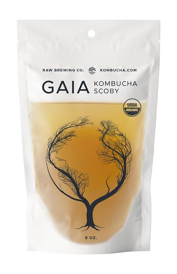Kombucha.com Certified Organic Kombucha Scoby (Gaia) + SUPER STRONG starter liquid. 8 oz. Makes 1/2 or 1 Gallon. Includes FREE Kombucha.com Organic Mixed Tea Blend Sample.