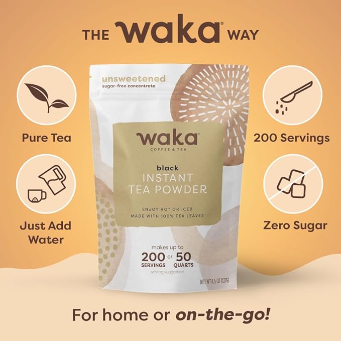 Waka Instant Black Tea Mix, Classic - 100% Tea Leaves, No Additives, Unsweetened Tea Powder for 50 Quarts or 200 Cups ??Easy and Quick Hot or Iced Teas (4.5oz)