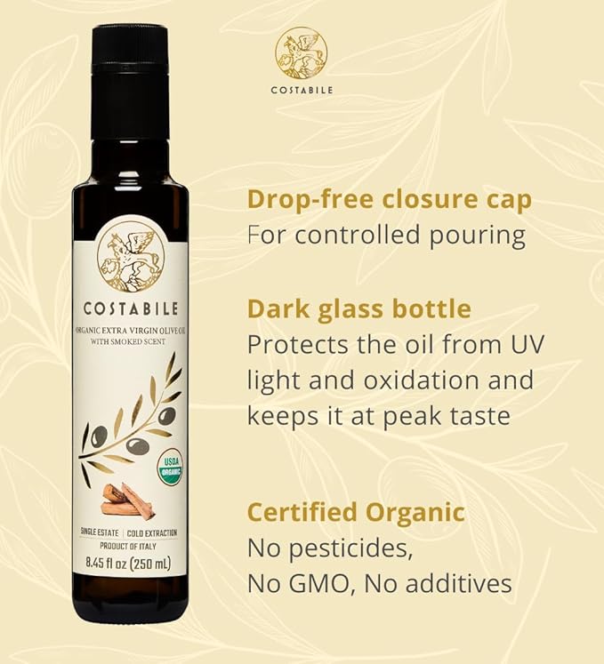 Smoked Olive Oil - Extra Virgin Italian Quality Olive Oil. Ideal for Infusing Rich Smoked Taste into Fish, Meat, Salmon and Cheese Recipes - COSTABILE 8.45 Fl. Oz.