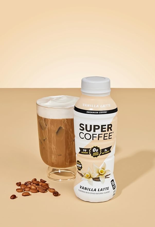 Super Coffee, Ready To Drink Iced Coffee, Vanilla Latte (12 Ounce Bottles, Pack of 12) - Low Net Carbs, No Added Sugar, Keto Friendly, 10g of Protein, Low Calorie, Protein Coffee