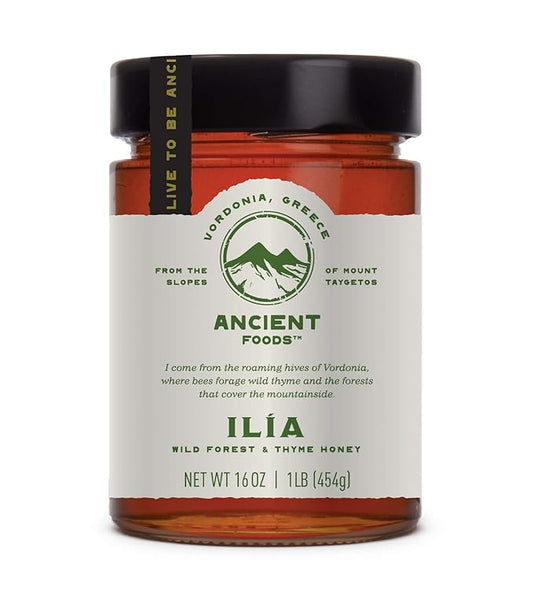 Organic Honey by Ancient Foods - Raw Unfiltered Authentic Organic Greek Honey from Greece | Unfiltered Wild Forest from Vordonia, Greece | 454g (Ilia)