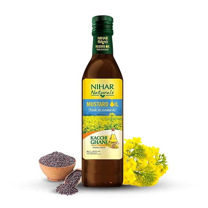 Nihar Naturals Kacchi Ghani Mustard Oil| Cold Pressed| 100% Pure Mustard Oil| For Skin, Hair Care & Body Massage| Enriched with Omega 3 & Natural Anti-Oxidants| 33.8 Fl.oz.