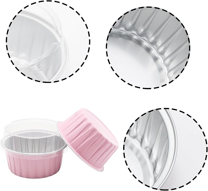 100 Pack 4.2oz Aluminum Cups with Lids Mini Flan Containers with Lids Cupcake Baking Cups, Pink