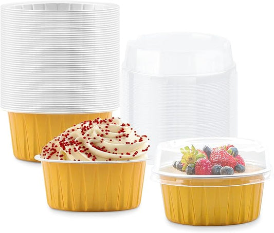 50 Pack Baking Cups with Lids, 5oz Aluminum Foil Cupcake Cups Muffin Liners, Disposable Foil Ramekins, Cupcake Holders Dessert Containers Mini Pudding Cups for Birthday, Christmas (Gold)