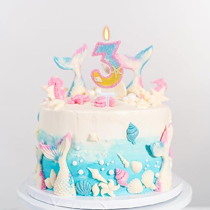 3rd Birthday Candle for Cake, Pink Beach Starfish Sequins Number Cake Candles, 2.76 inch Pink Cake Topper Decoration for Birthday Party (Number 3)