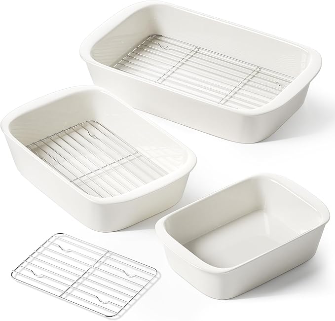 LE TAUCI Deep Casserole Dishes for Oven, 13.7???.6??Ceramic Baking Dish Set with Roasting Racks, Large Lasagna Pans with Handles, Rectangular Bakeware as Gift for Mom, White (4.6QT/3.0QT/1.6QT), Set of 3