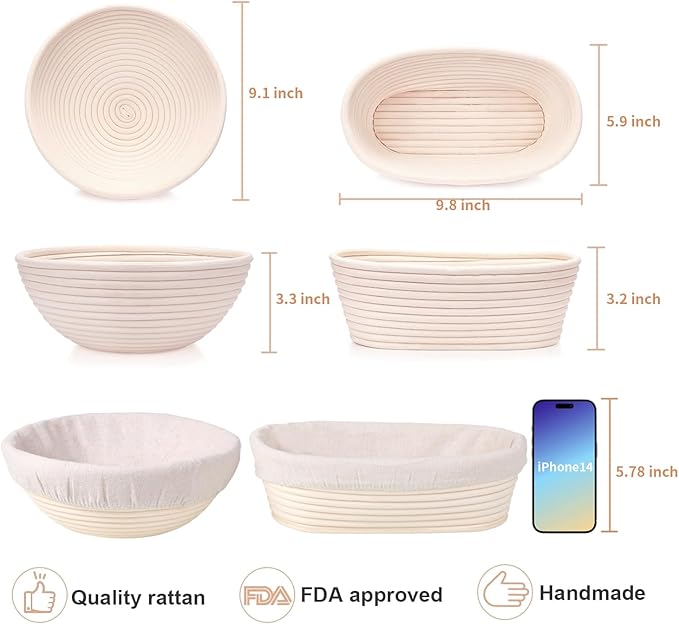Banneton Bread Proofing Basket Set, 9 Inch Round & 10 Inch Oval, Natural Rattan Material, Ideal for Sourdough Bread Baking, Includes Linen Liner and Dough Scraper, Great Gift Idea